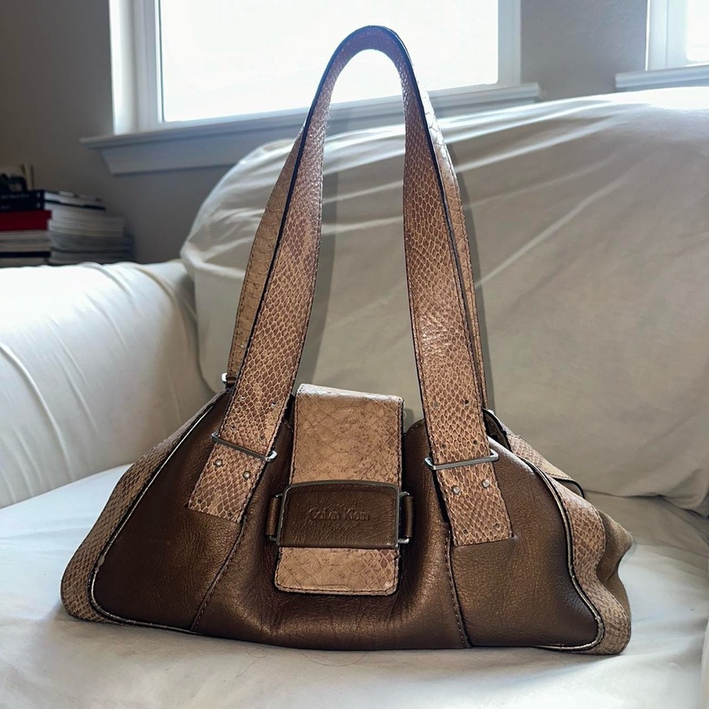 Calvin Klein Tan and Brown Shoulder Bag